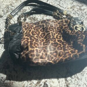 Leopard Print and Black Leather Women's Bag